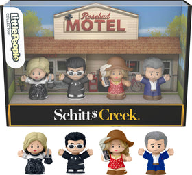 Little People Collector Schitt's Creek set display box featuring the Rose family figures for shelves and fans.