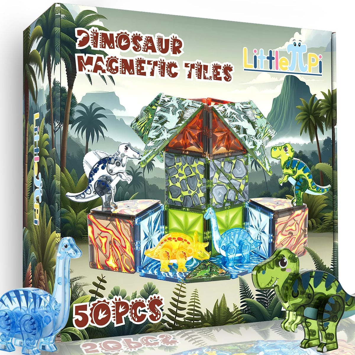 Little Pi magnetic tiles dino set, kids engage in imaginative play with bright dinosaur blocks.