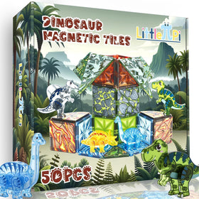Little Pi magnetic tiles dino set, kids engage in imaginative play with bright dinosaur blocks.