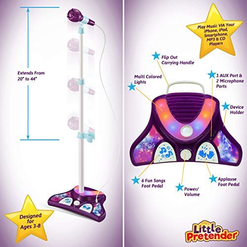 Little Pretender karaoke machine foot pedals add tunes and applause effects.