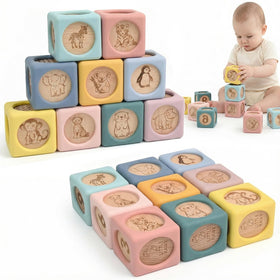 Little Rawr 9 Pcs blocks close-up silicone exterior wood core for safe stacking.
