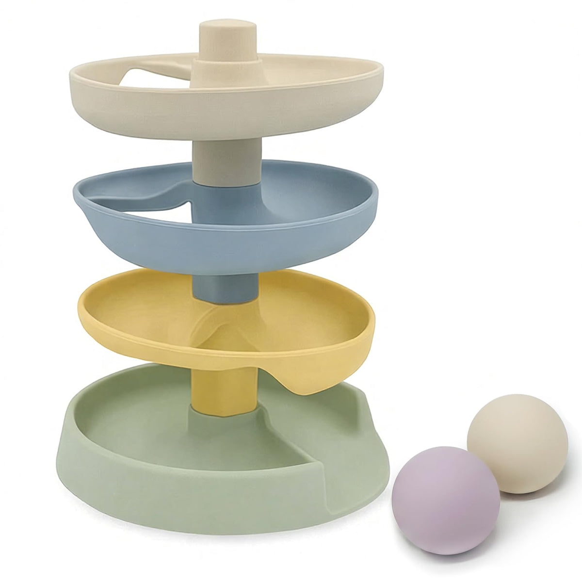 Little Rawr silicone ball drop tower with four-tier ramp for toddlers.