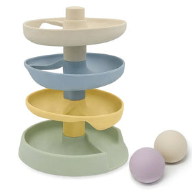 Little Rawr silicone ball drop tower with four-tier ramp for toddlers.