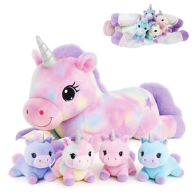 Little Tigers unicorn mommy stuffed animal belly open, inviting nurturing play.