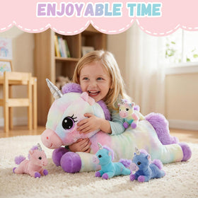 Little Tigers unicorn mommy with four babies in pink, blue, purple, and rainbow for cuddles and storytelling.