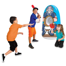 Little Tikes inflatable trainer base balancing setup for outdoor batting fun.
