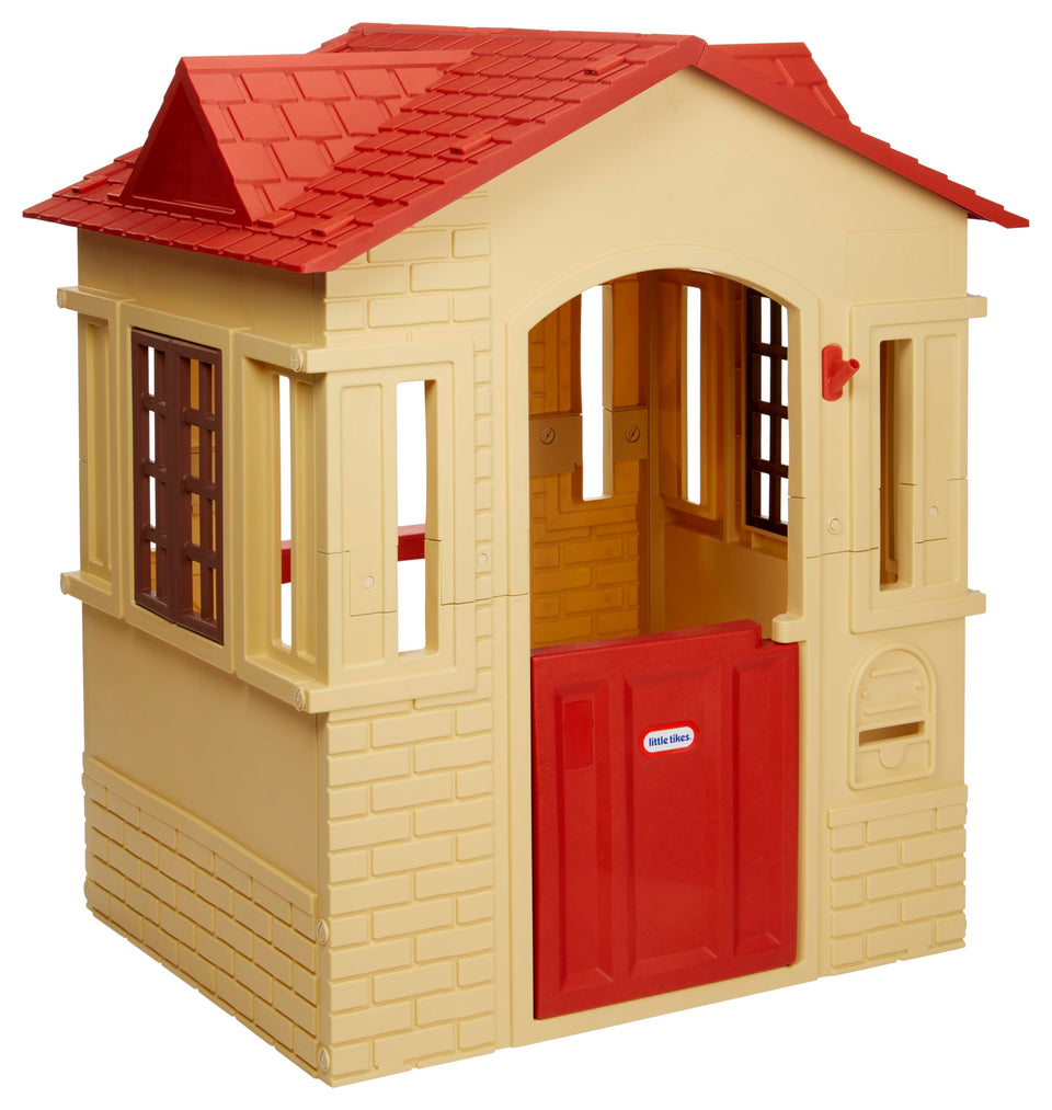 Little Tikes Cape Cottage Playhouse front view in tan, modern style for indoor-outdoor play