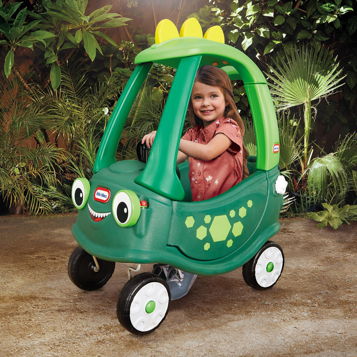 Little Tikes Cozy Coupe Dino indoor-outdoor ride-on with high back seat for comfort