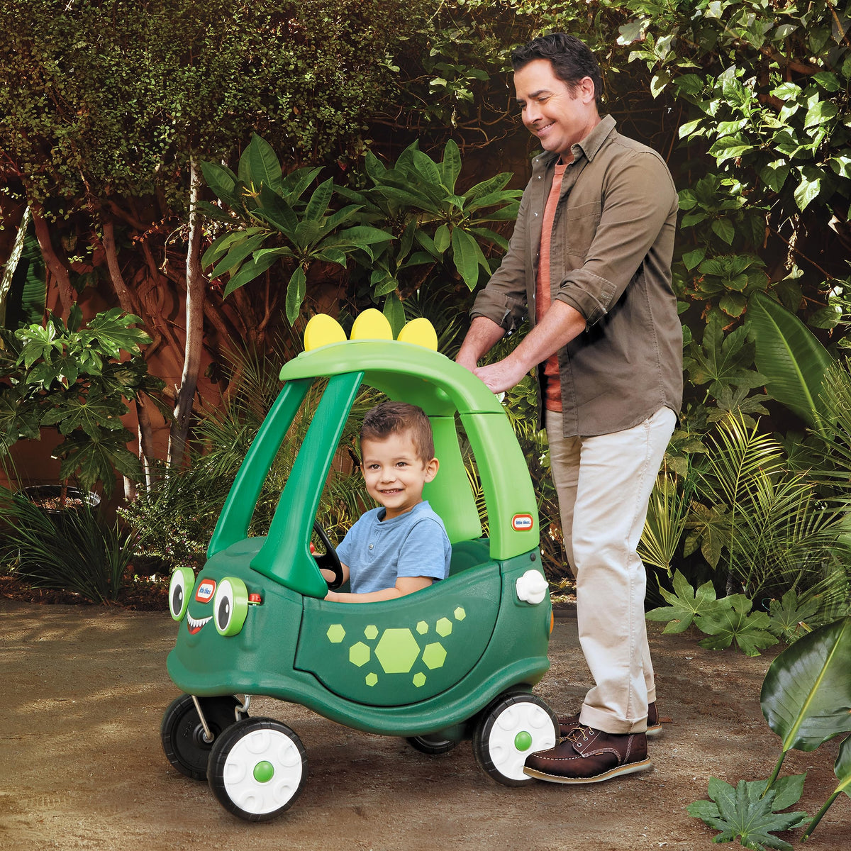 Little Tikes Cozy Coupe Dino push-handle and floorboard provide parent-child interaction
