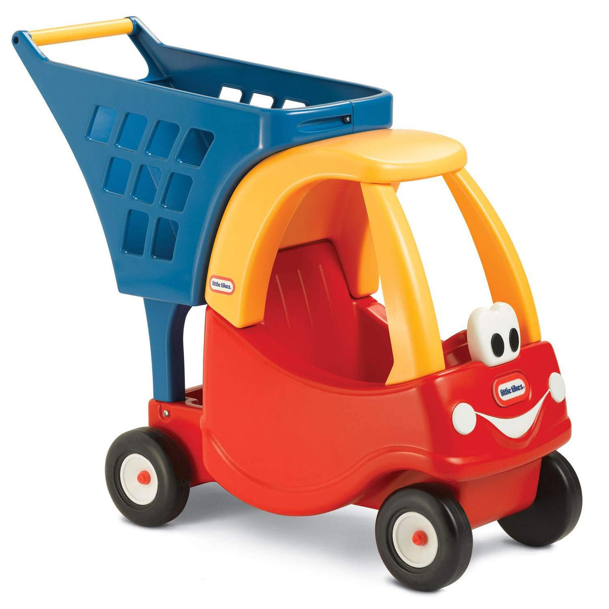 Little Tikes Cozy Shopping Cart front view showcases bright red and yellow design for imaginative play