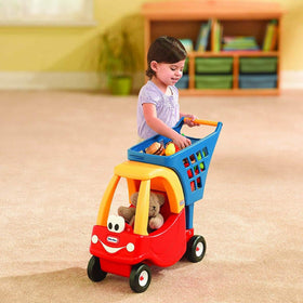 Little Tikes Cozy Shopping Cart kid play image shows a child pushing with Cozy Coupe inspiration