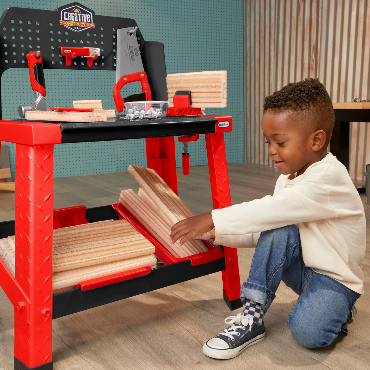 Little Tikes Creative Construction Workbench dry-erase pencil helps plan projects before building.
