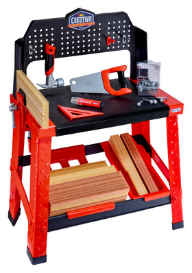 Little Tikes Creative Construction Workbench kid-safe tools support hand-eye coordination during play.