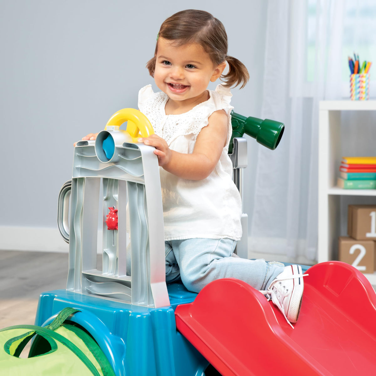 Telescope with 3x zoom on Little Tikes Easy Store Slide & Explore sparks imaginative play.
