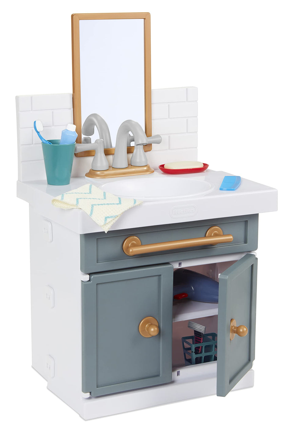 Little Tikes First Bathroom Sink with water pump enables pretend handwashing.
