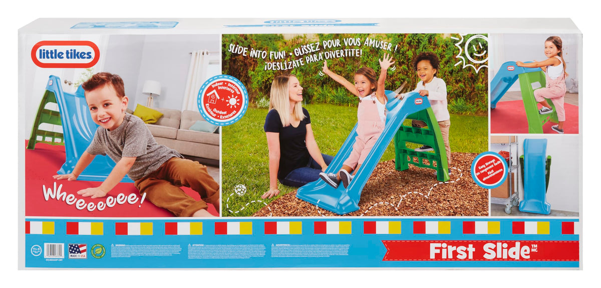 Little Tikes First Slide blue-green, steps removed, allows compact storage for small spaces.