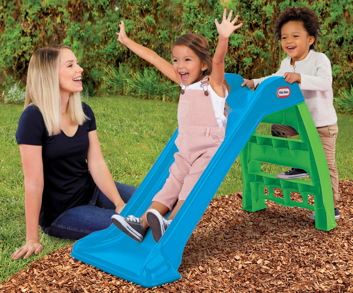 Little Tikes First Slide blue-green, close-up, durable plastic for everyday play.