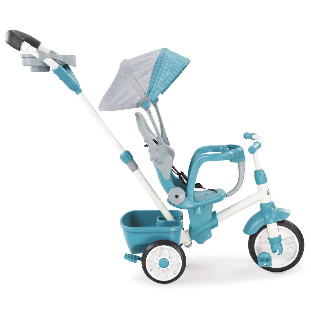 Little Tikes Perfect Fit 4-in-1 Trike Teal with full canopy shields your child from sun