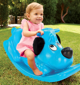 Little Tikes Rockin' Puppy blue small rocking horse in playroom setting