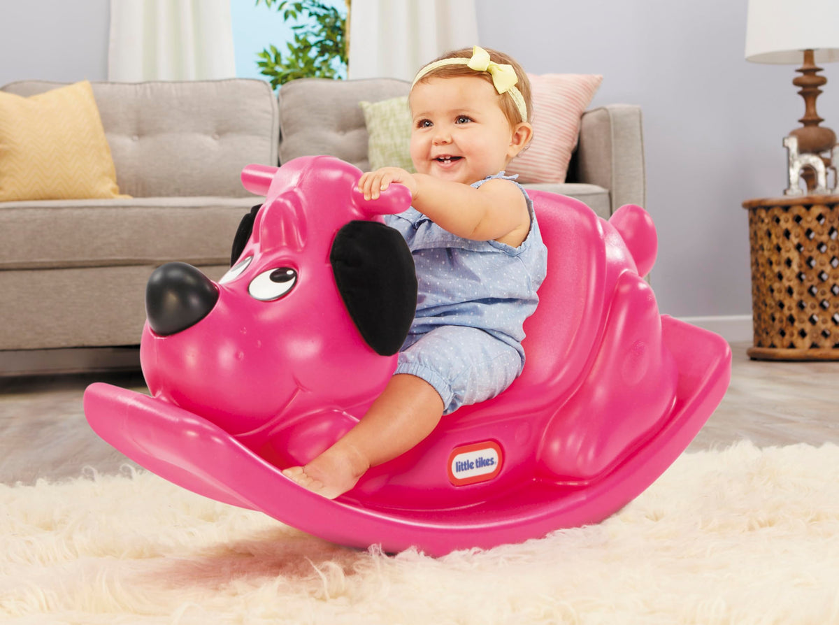 Little Tikes Rockin' Puppy Magenta side view, compact size fits small playrooms.