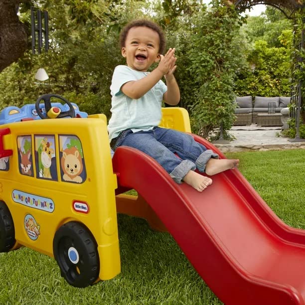 Little Tikes School Bus Climber folding stop sign adds realistic road rule play.