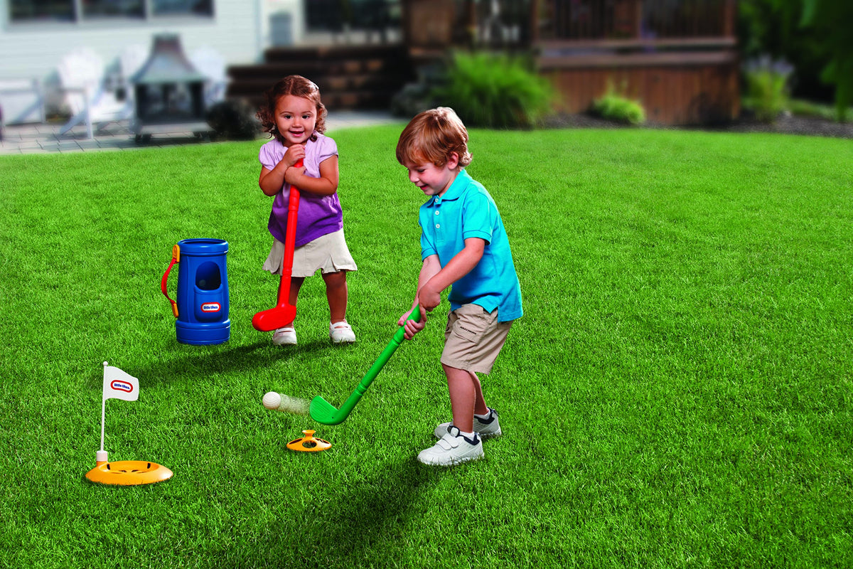 Little Tikes TotSports Grab N Go Golf tee and putter setup for quick indoors or outdoors use.