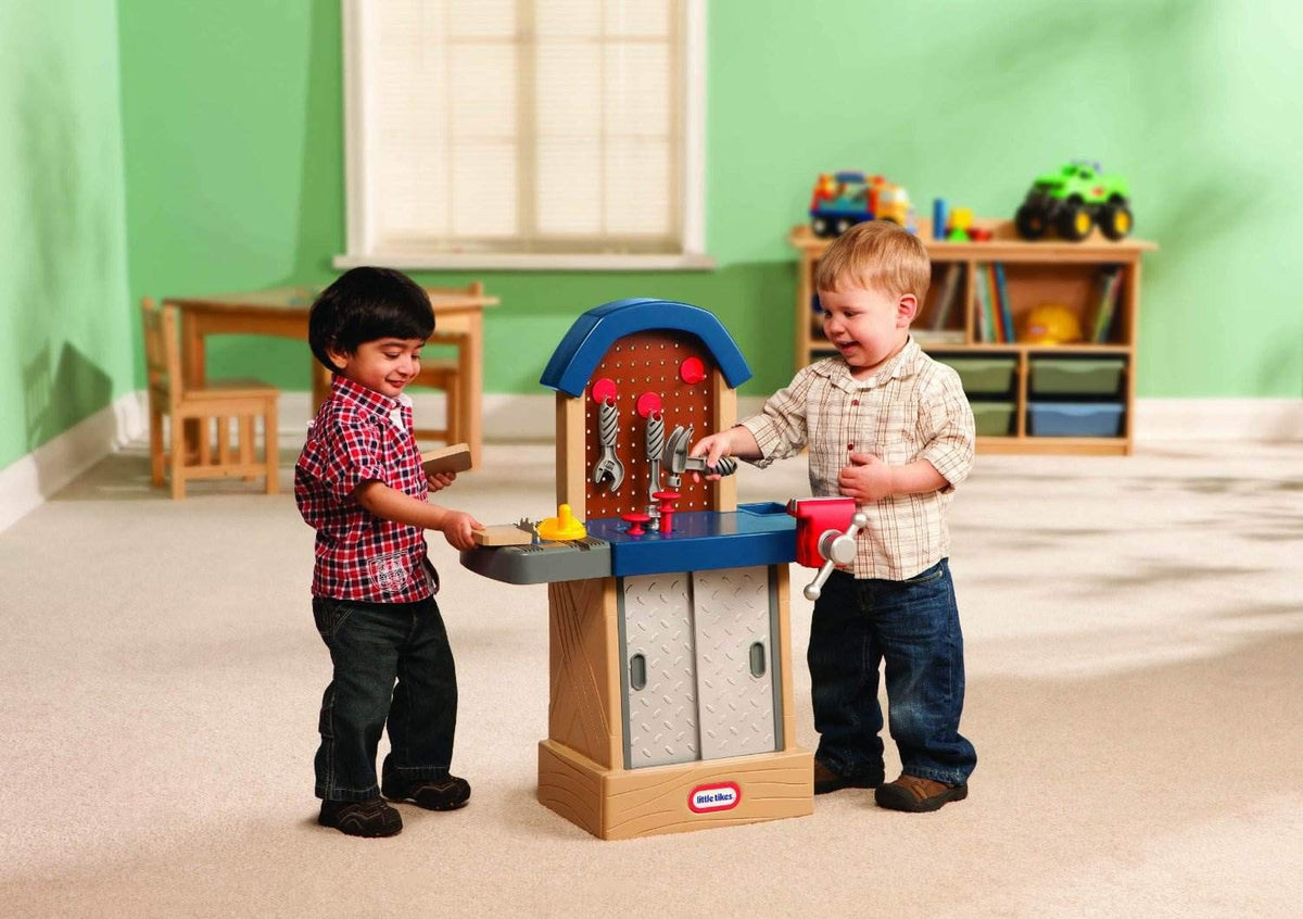 Little Tikes Tough Workshop Beige durable design supports safe group play.