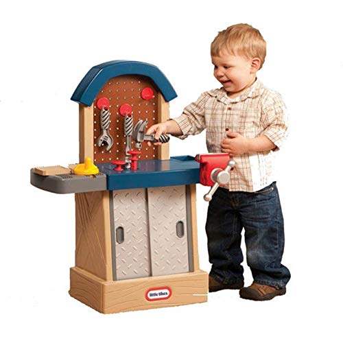 Little Tikes Tough Workshop Beige open doors reveal ample hidden storage.