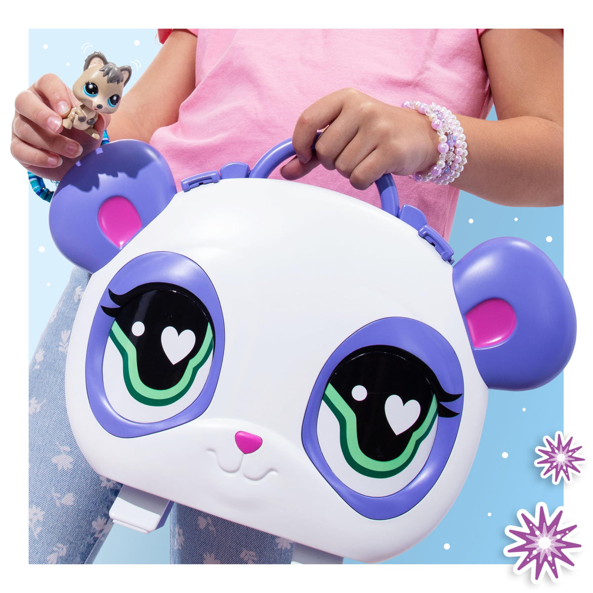 Open Littlest Pet Shop carry case showing tiered display shelves.