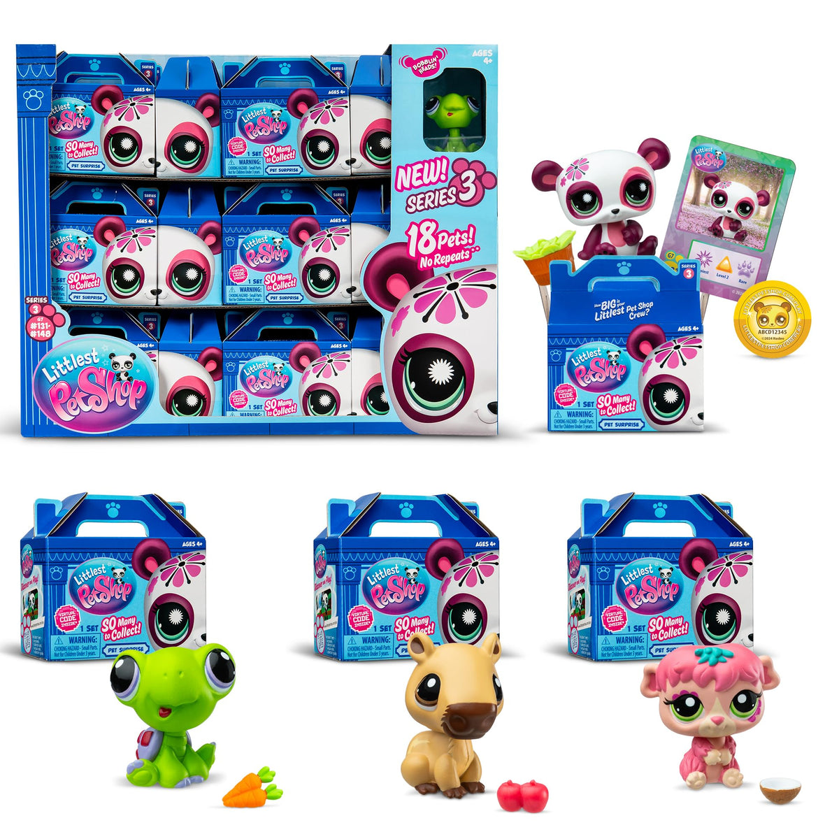 Littlest Pet Shop Series 3 display with 18 bobblin’ pets, ideal for collection enthusiasts.