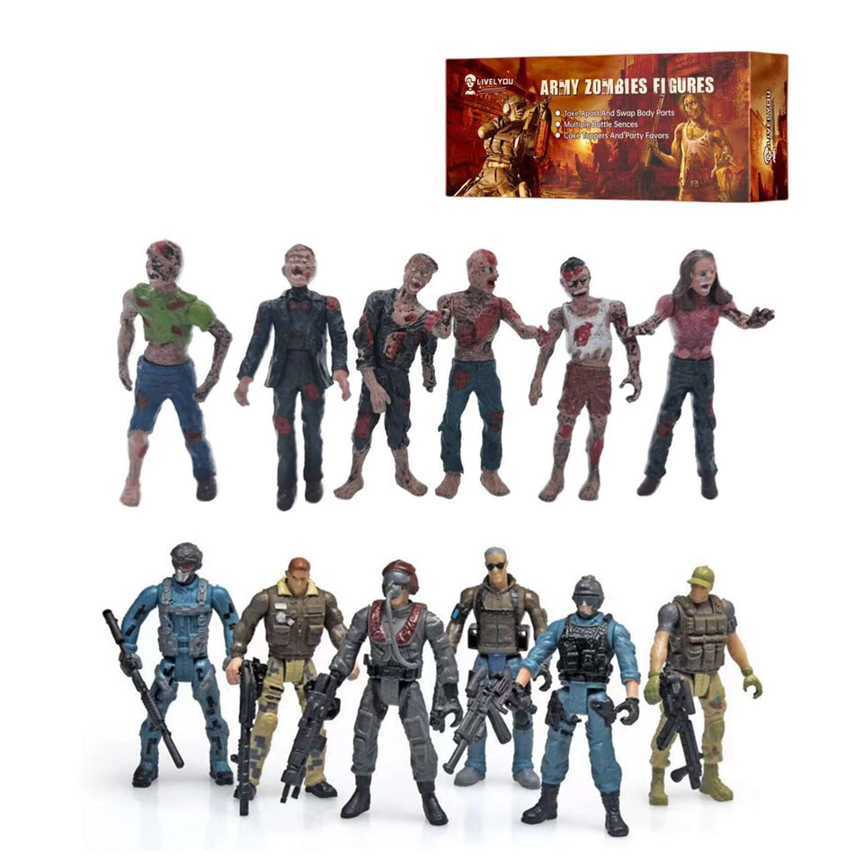 LIVELYOU army men vs zombie figures in a 6v6 battle pose for imaginative play.