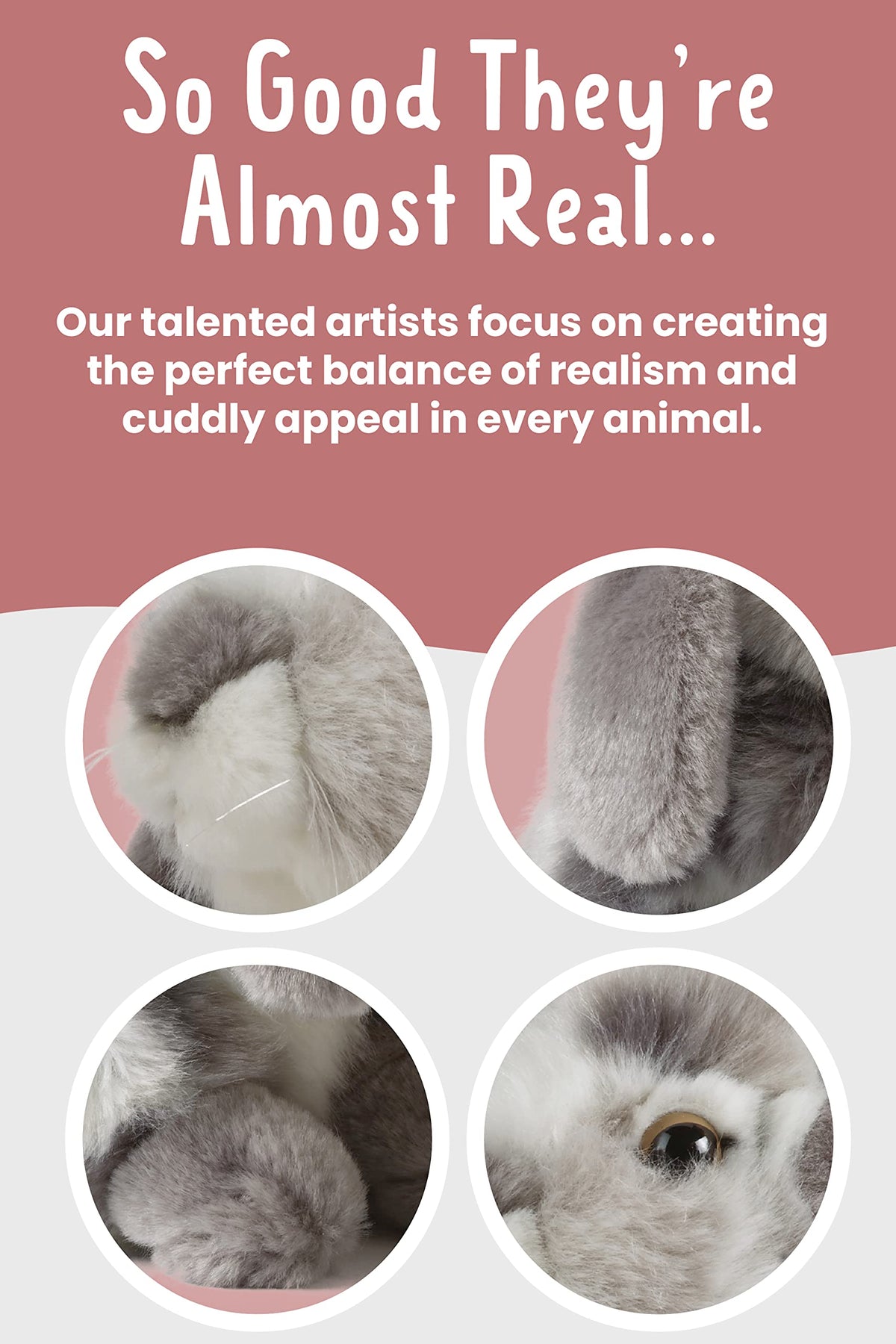 Living Nature grey rabbit plush shows fluffy textured fur and realistic detailing for play