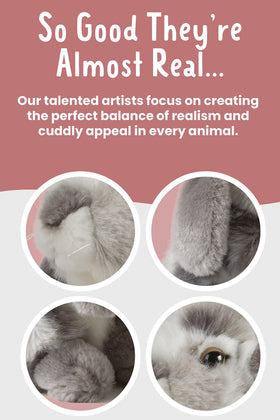 Living Nature grey rabbit plush shows fluffy textured fur and realistic detailing for play
