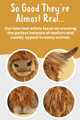 Living Nature Highland Cow plush fur detail, realistic texture and friendly eyes for immersion.