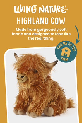 Living Nature Highland Cow plush side profile, showcasing the soft, fluffy coat for comforting hugs.