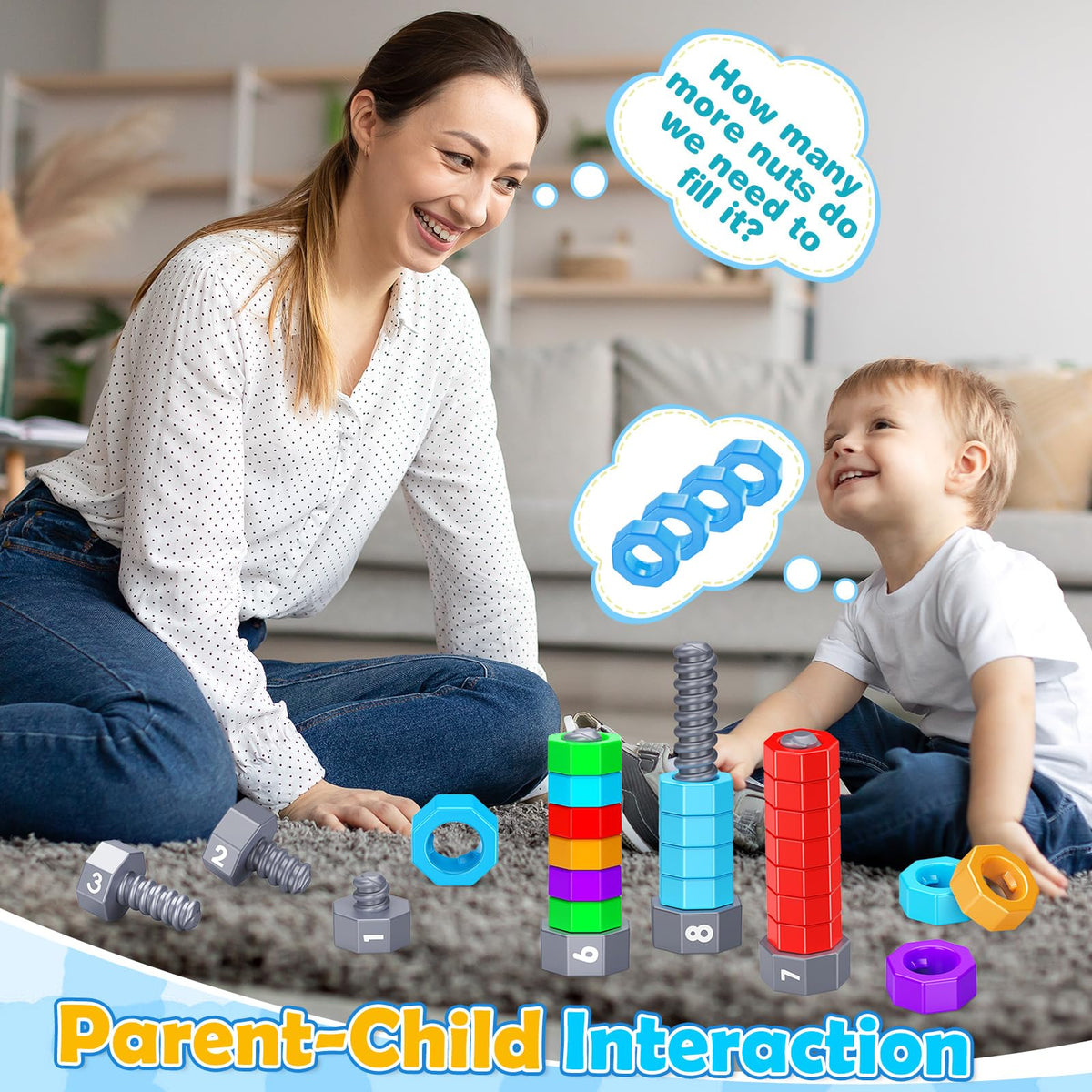 LIWIN LET'S GO! colorful stacking nuts and bolts demonstrate durable ABS construction for safe, kid-friendly play.