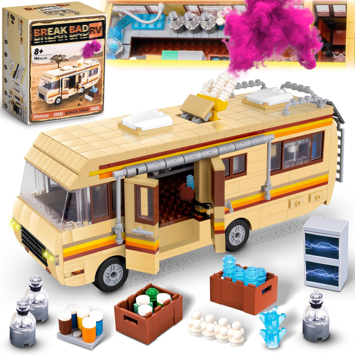 Lixboxy Camper Break Bad RV building set front view for imaginative play.