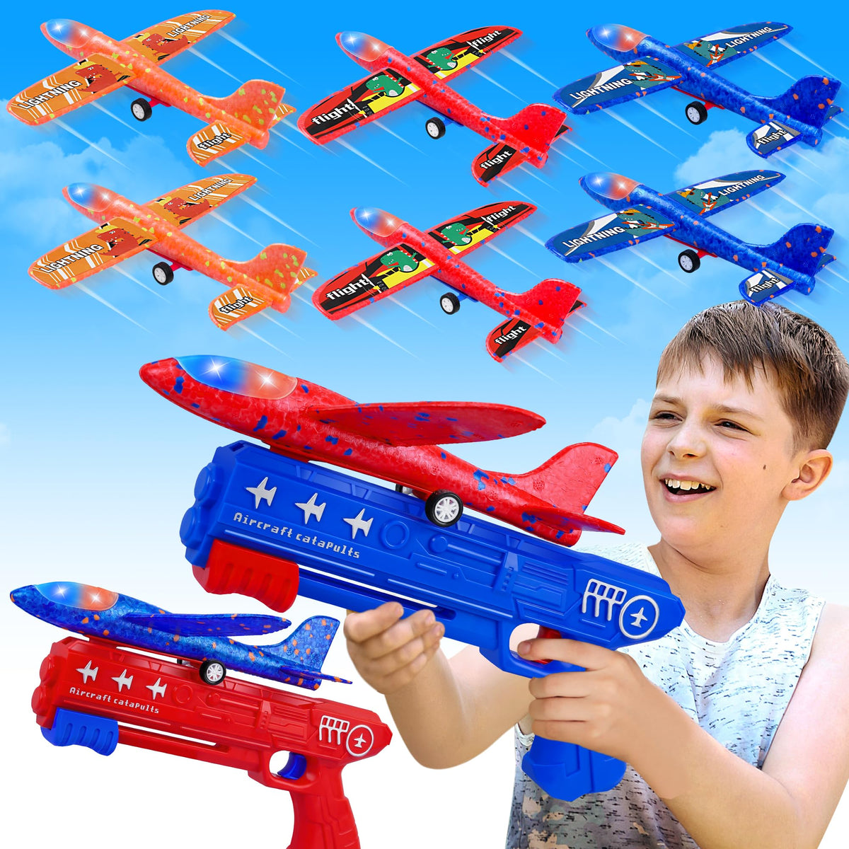 LJZJ 6-pack airplane launcher planes: durable foam gliders for outdoor fun and hand-eye coordination.