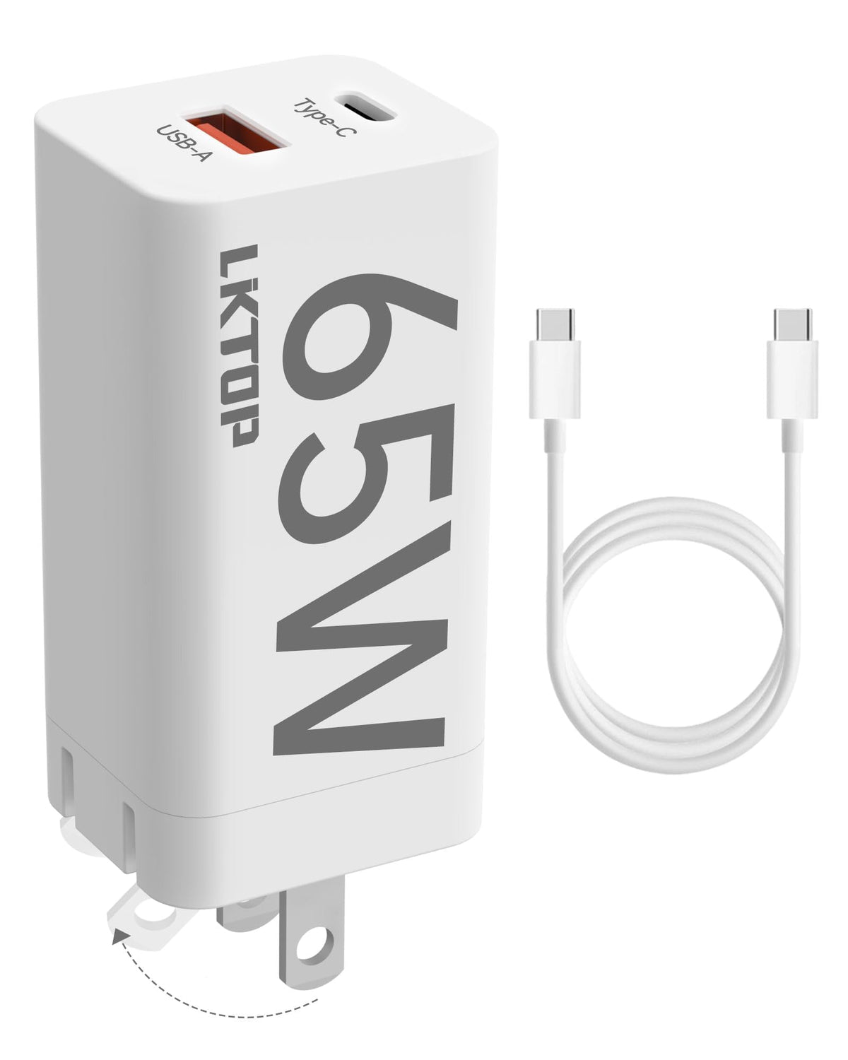 LKTOP 65W charger front view showing compact travel-friendly design.
