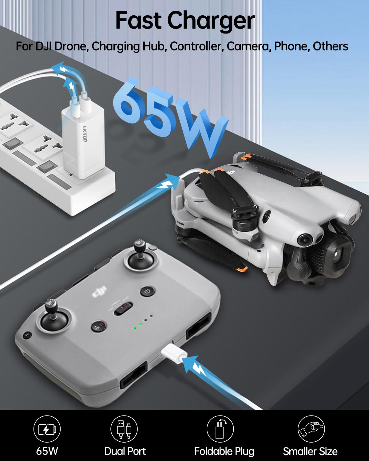 LKTOP 65W charger rear view with dual ports for simultaneous charging.