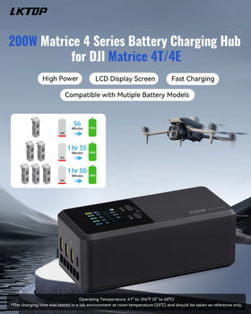LKTOP Matrice 4 charging hub LCD display highlights status and charging modes.