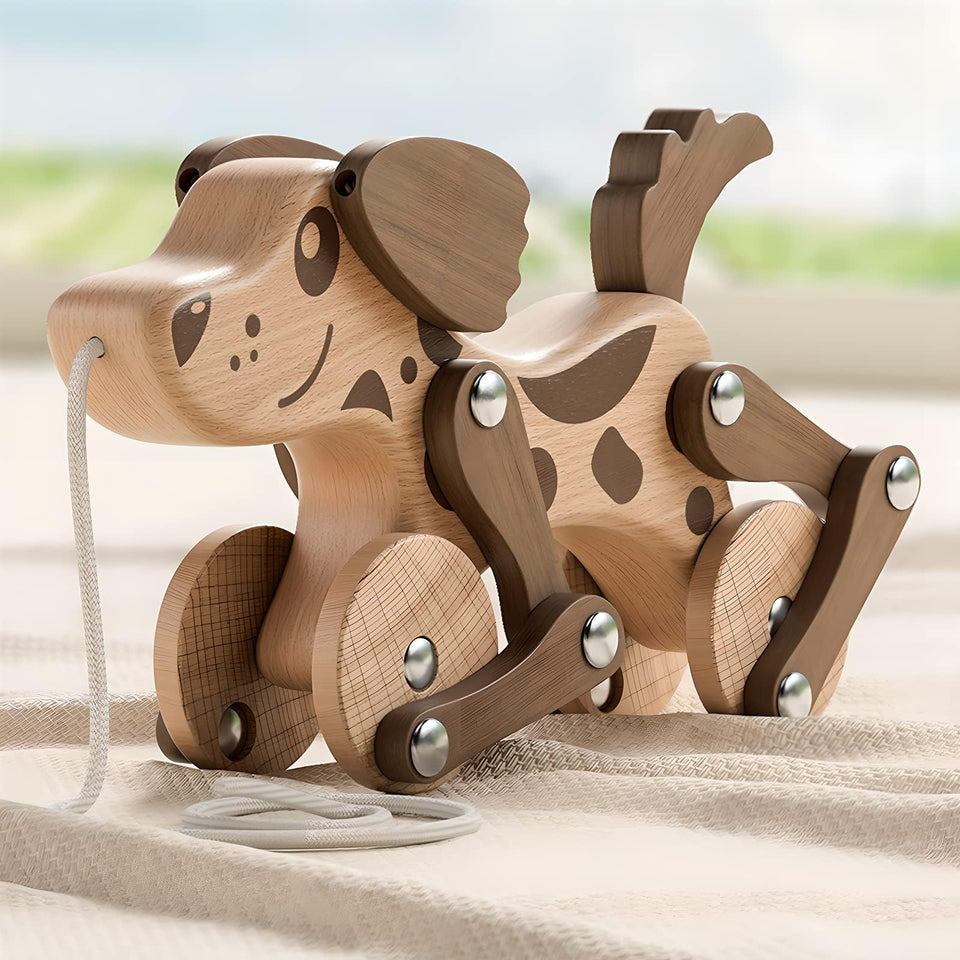 LKyoxs Montessori dog pull-along walking toy engages toddlers in walking practice with a cute companion
