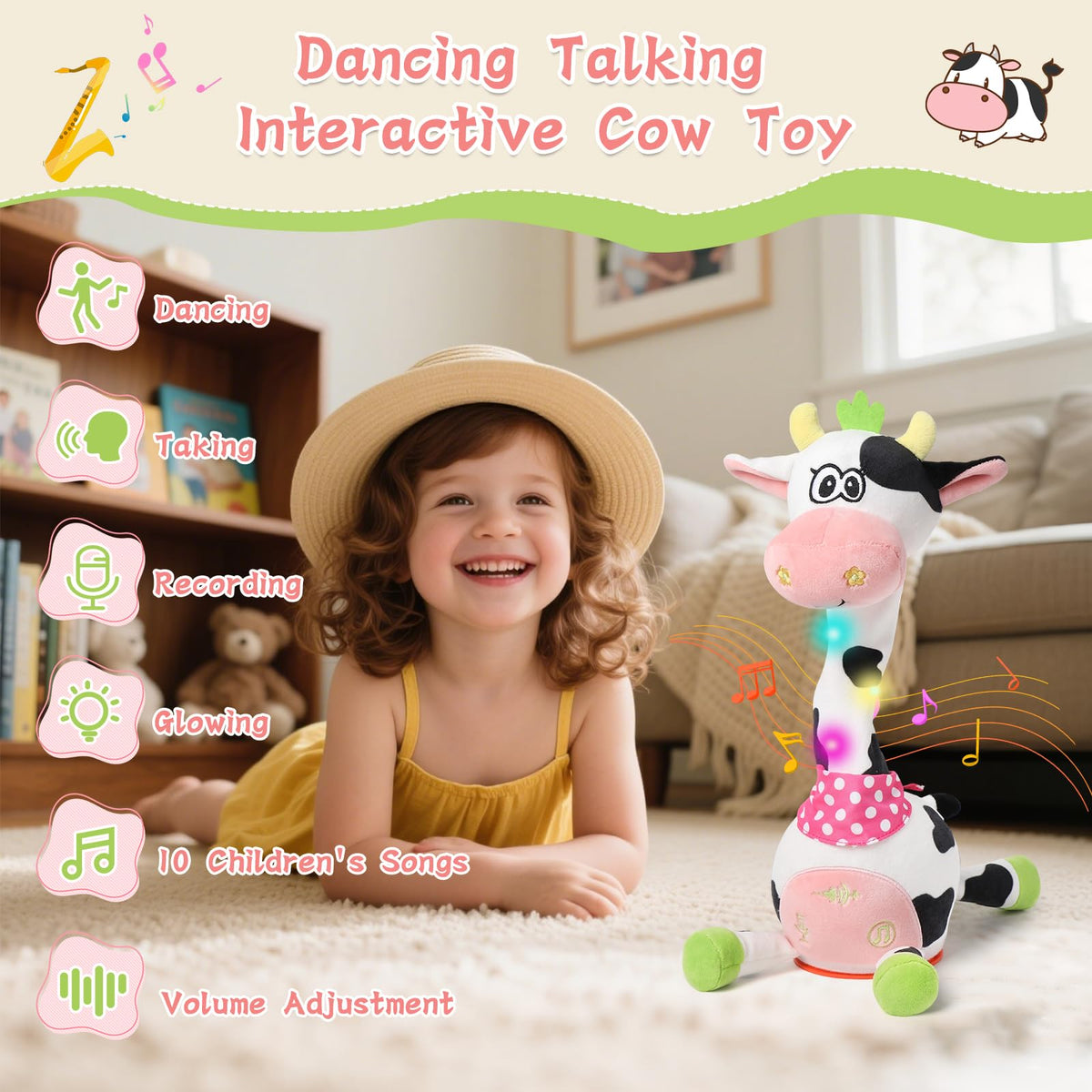 LLUKEME Cow record and repeat feature encourages language imitation during cuddly play.