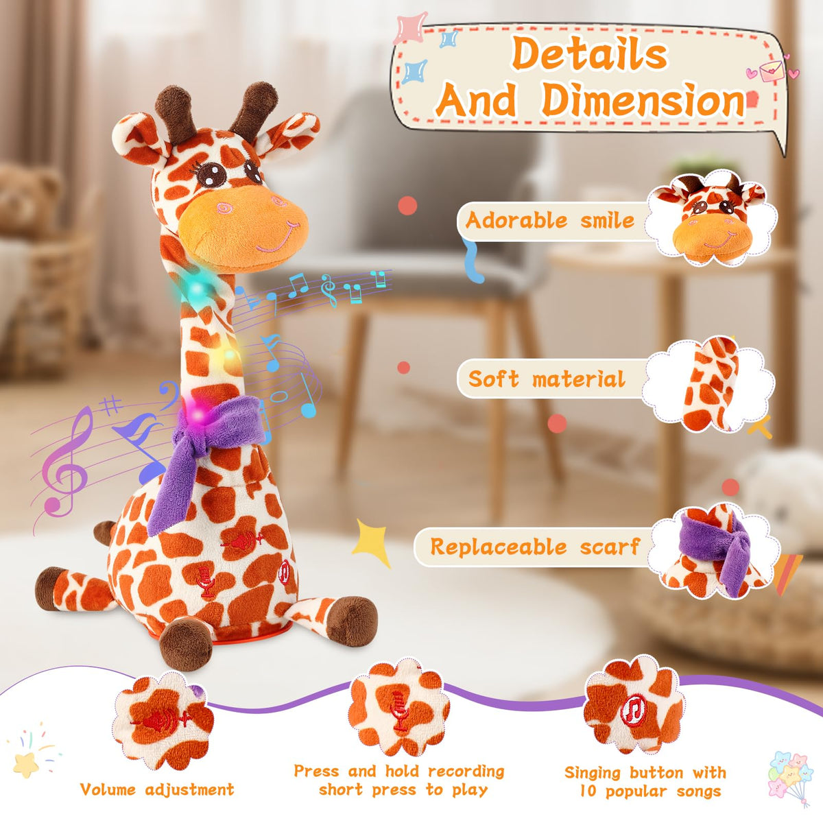 LLUKEME dancing giraffe child playing with plush toy for learning