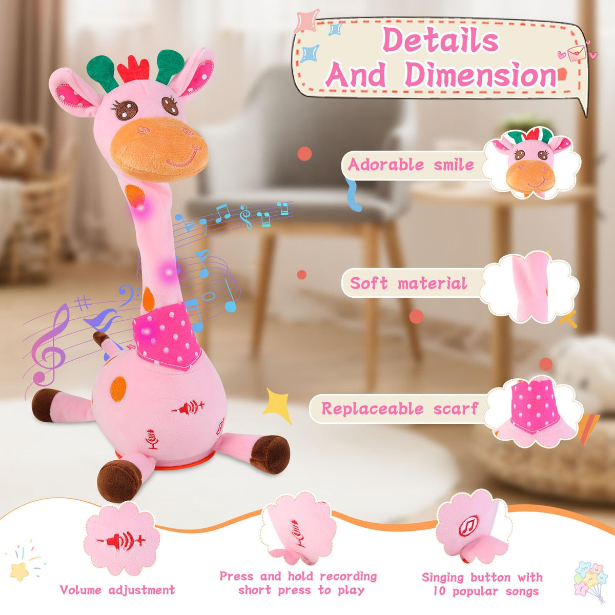 LLUKEME dancing giraffe toy recording button enables custom messages