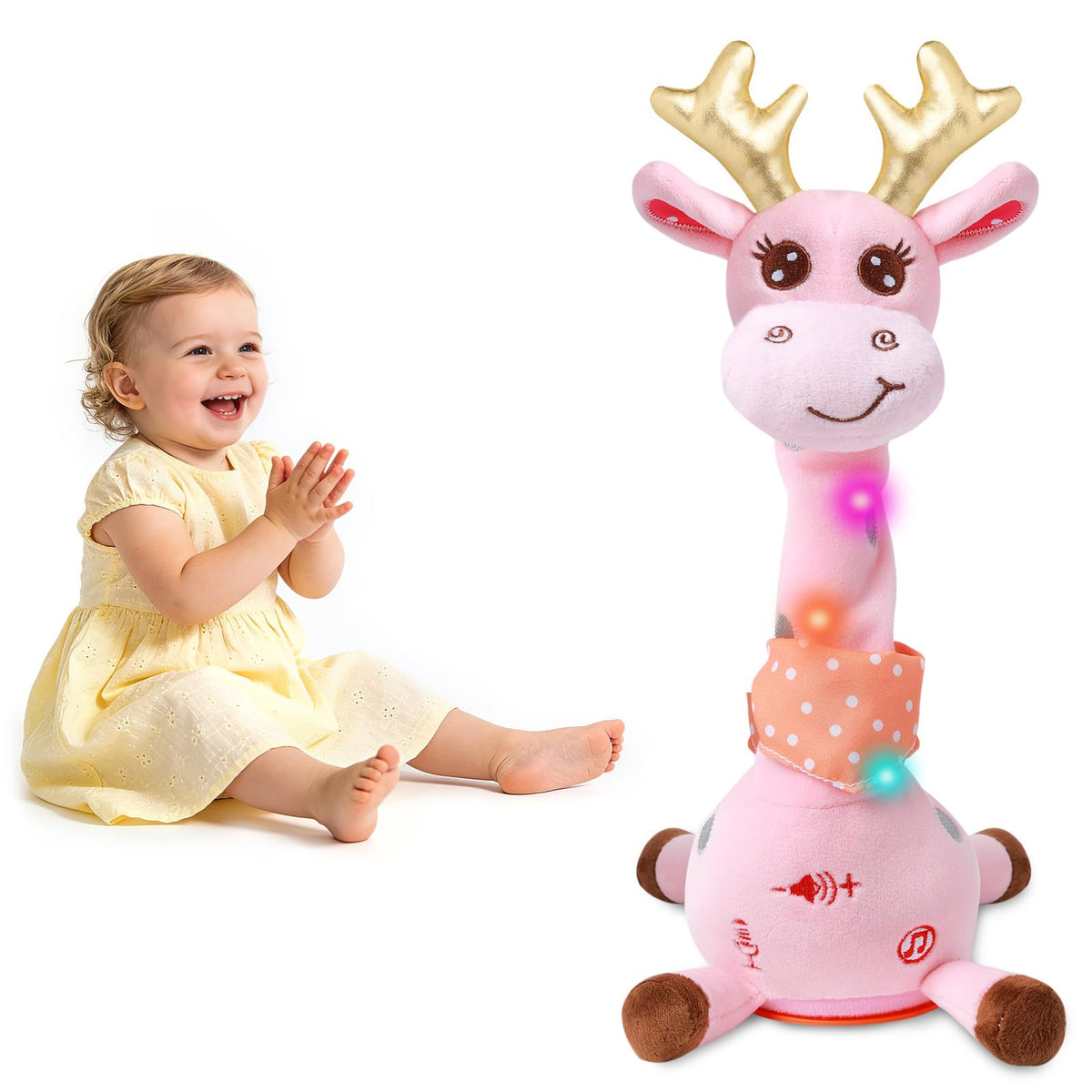LLUKEME pink dancing giraffe with golden antlers, engaging toddlers through interactive repetition