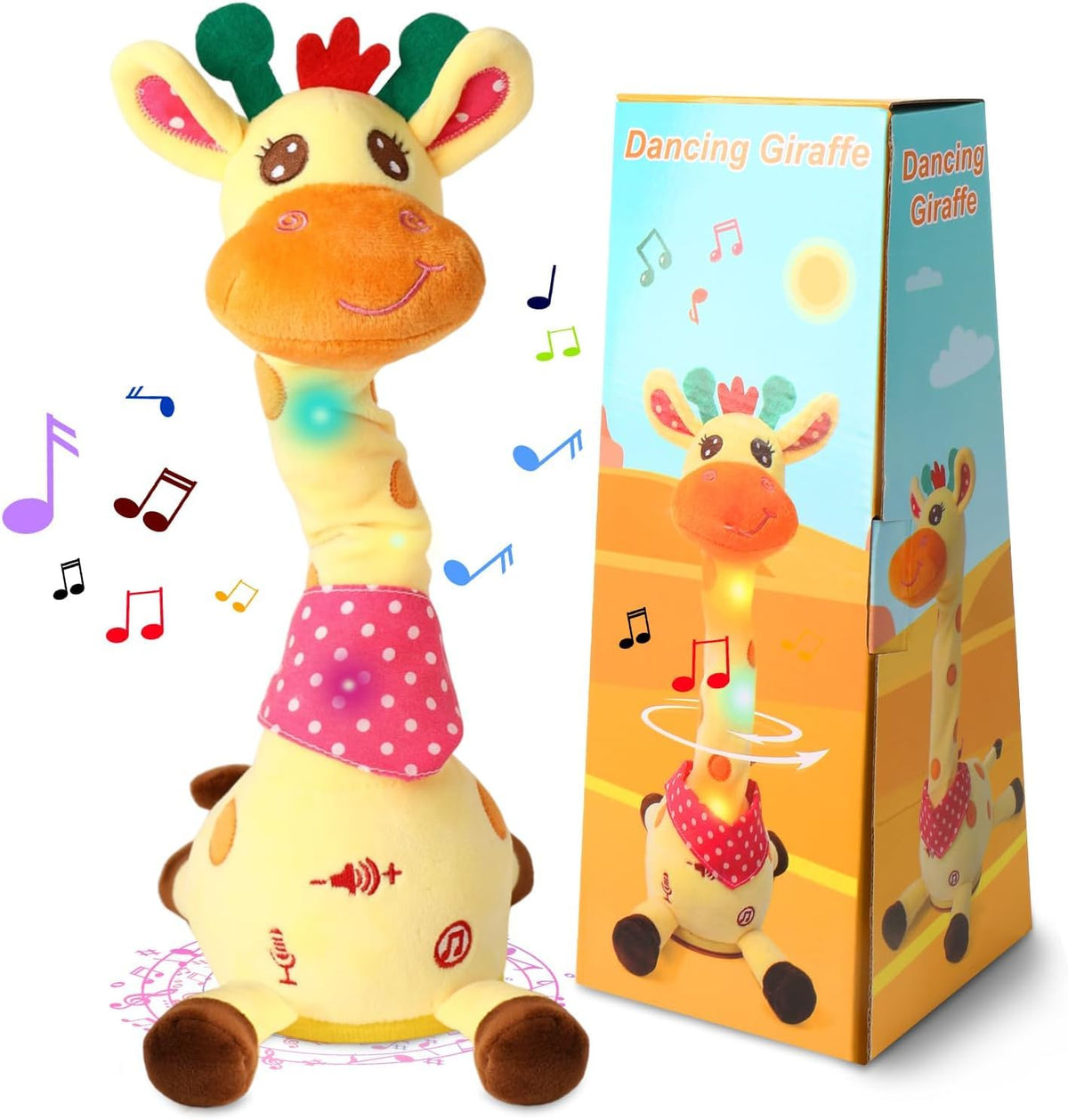 LLUKEME dancing talking giraffe toy—front view with glowing LEDs for engaging play.