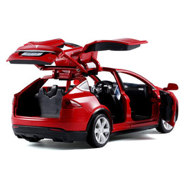 LLWEIT Model X red toy car side view highlighting authentic 1:32 scale and details.