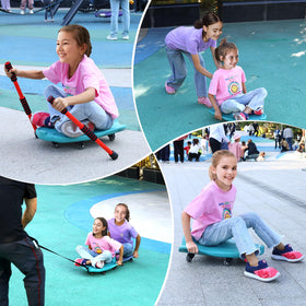 Llyjjkuwl large scooter board demonstrates versatile sitting, kneeling, or prone positions for play.