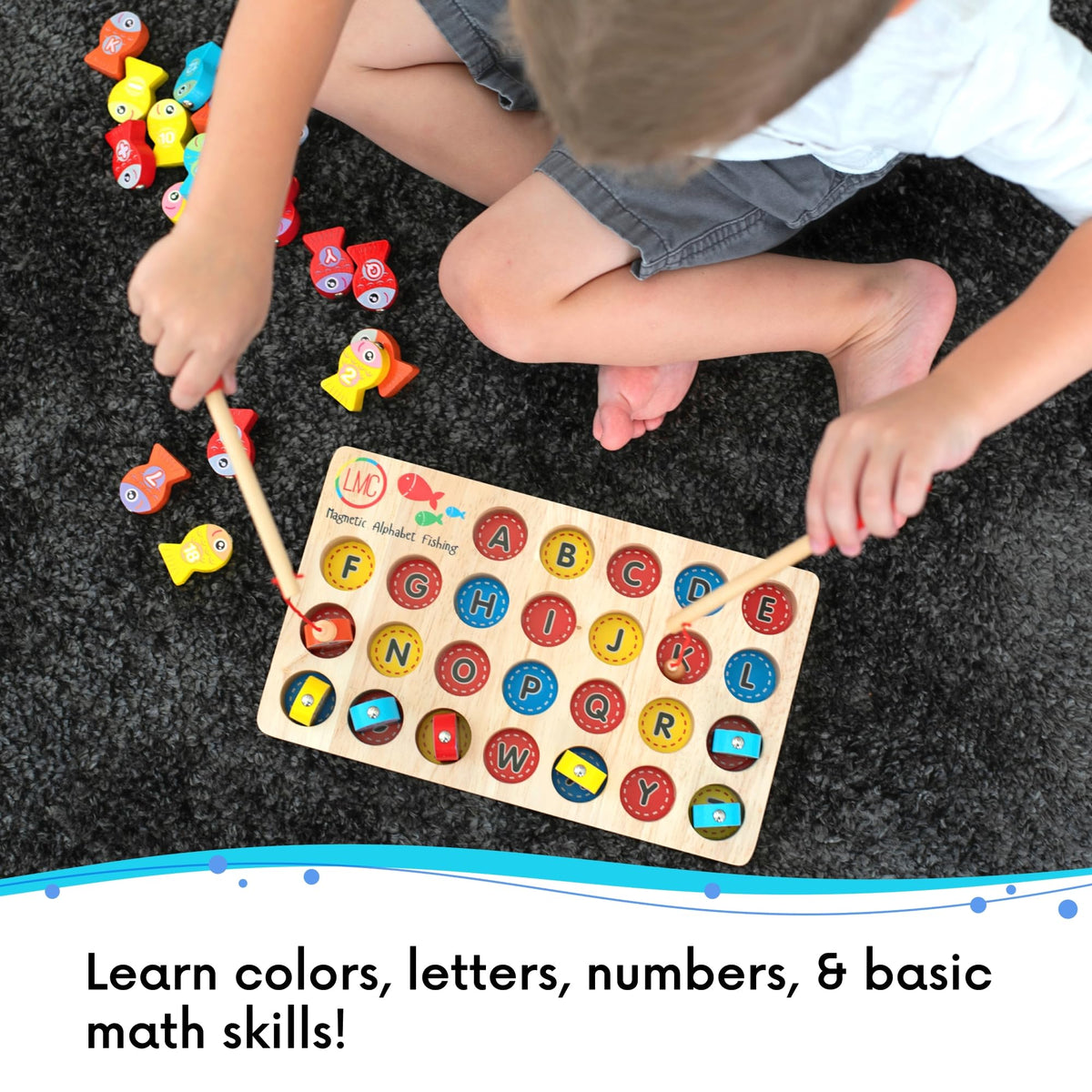 LMC Products Magnetic Alphabet Fishing Toy back shows numbers for basic math practice